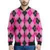 Black And Pink Argyle Pattern Print Men's Bomber Jacket