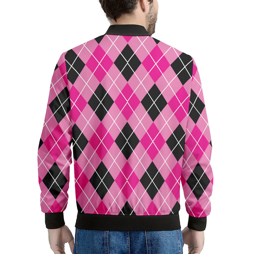 Black And Pink Argyle Pattern Print Men's Bomber Jacket
