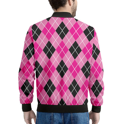 Black And Pink Argyle Pattern Print Men's Bomber Jacket