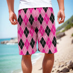 Black And Pink Argyle Pattern Print Men's Cargo Shorts