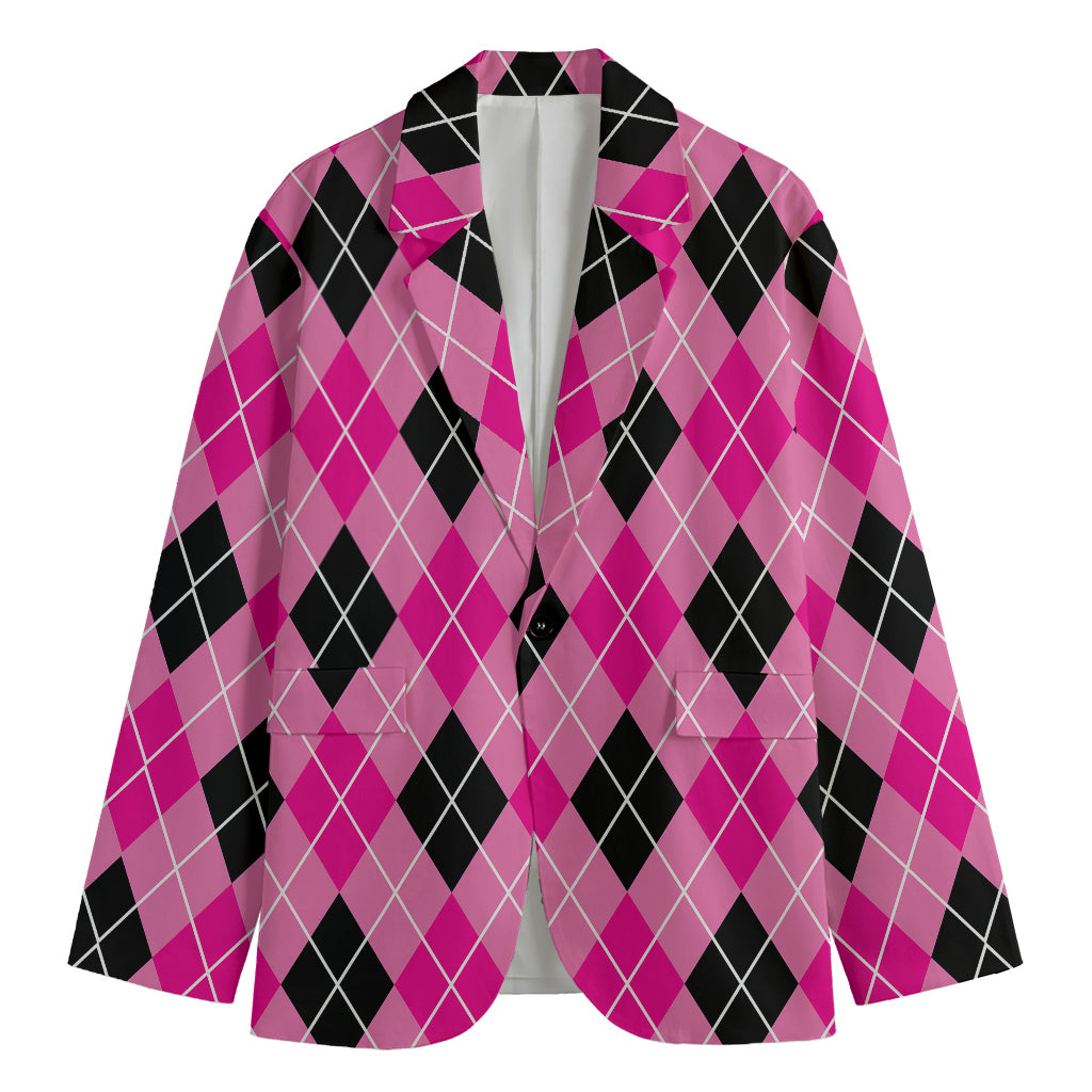 Black And Pink Argyle Pattern Print Men's Cotton Blazer