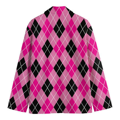 Black And Pink Argyle Pattern Print Men's Cotton Blazer