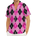 Black And Pink Argyle Pattern Print Men's Deep V-Neck Shirt