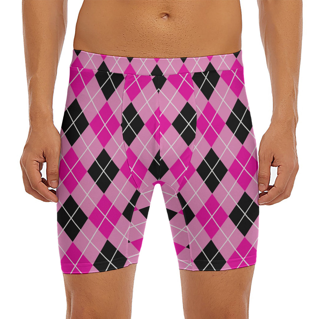 Black And Pink Argyle Pattern Print Men's Long Boxer Briefs