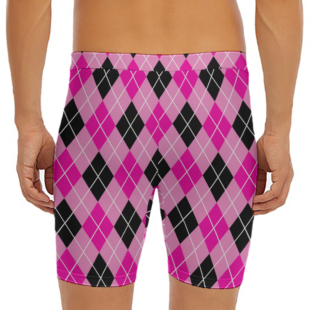 Black And Pink Argyle Pattern Print Men's Long Boxer Briefs