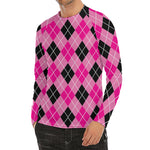Black And Pink Argyle Pattern Print Men's Long Sleeve Rash Guard