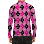 Black And Pink Argyle Pattern Print Men's Long Sleeve Rash Guard