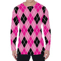 Black And Pink Argyle Pattern Print Men's Long Sleeve T-Shirt