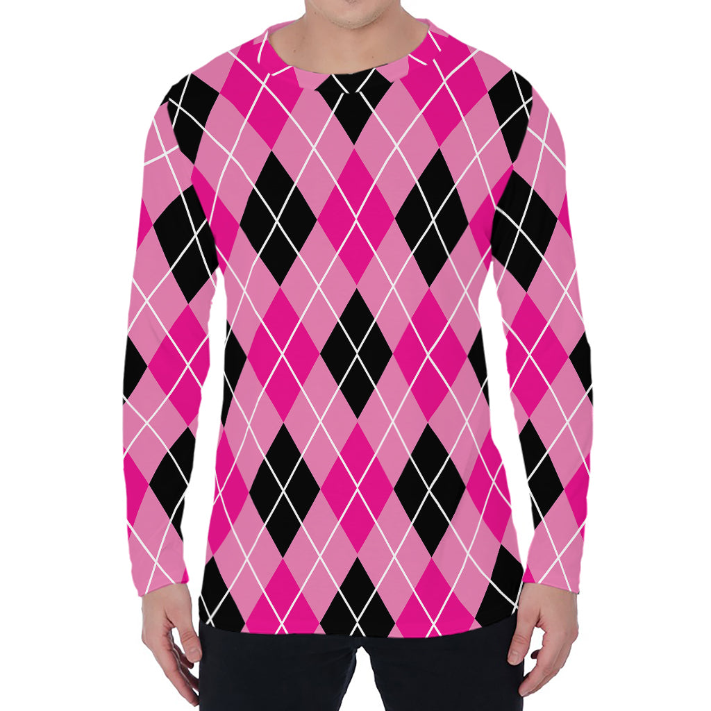 Black And Pink Argyle Pattern Print Men's Long Sleeve T-Shirt