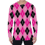 Black And Pink Argyle Pattern Print Men's Long Sleeve T-Shirt