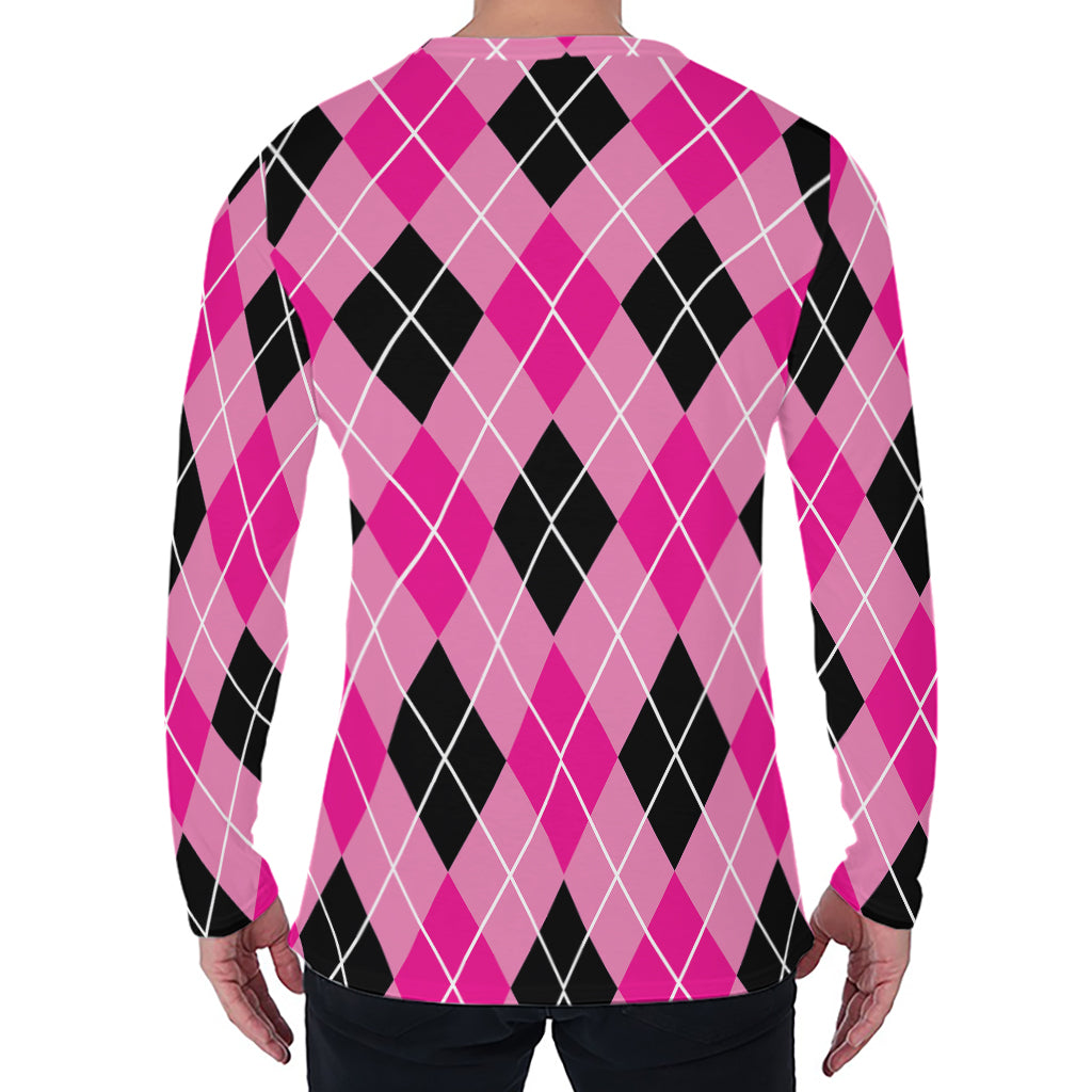 Black And Pink Argyle Pattern Print Men's Long Sleeve T-Shirt