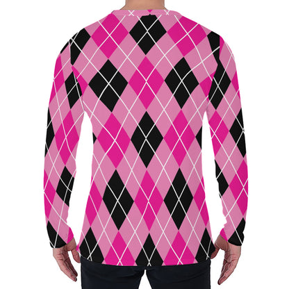 Black And Pink Argyle Pattern Print Men's Long Sleeve T-Shirt