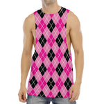 Black And Pink Argyle Pattern Print Men's Muscle Tank Top