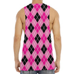Black And Pink Argyle Pattern Print Men's Muscle Tank Top