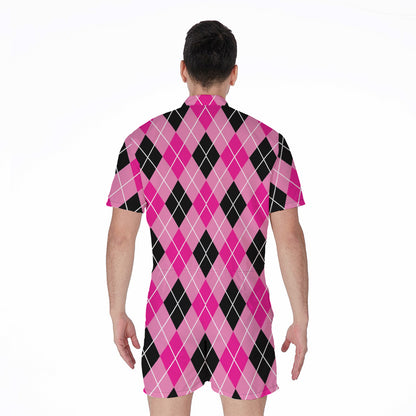 Black And Pink Argyle Pattern Print Men's Rompers