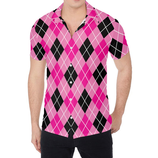 Black And Pink Argyle Pattern Print Men's Shirt