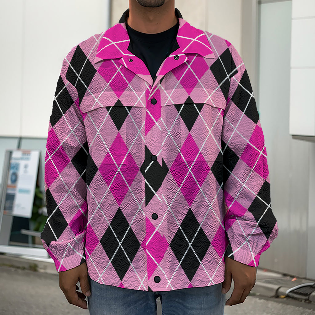 Black And Pink Argyle Pattern Print Men's Shirt Jacket