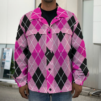 Black And Pink Argyle Pattern Print Men's Shirt Jacket