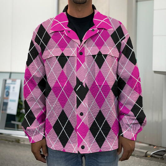 Black And Pink Argyle Pattern Print Men's Shirt Jacket