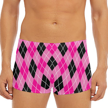 Black And Pink Argyle Pattern Print Men's Short Boxer Briefs