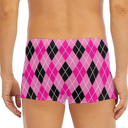 Black And Pink Argyle Pattern Print Men's Short Boxer Briefs