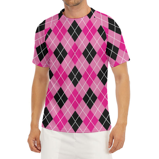 Black And Pink Argyle Pattern Print Men's Short Sleeve Rash Guard
