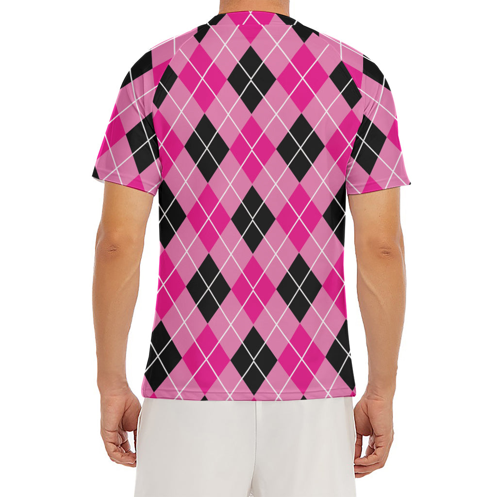 Black And Pink Argyle Pattern Print Men's Short Sleeve Rash Guard
