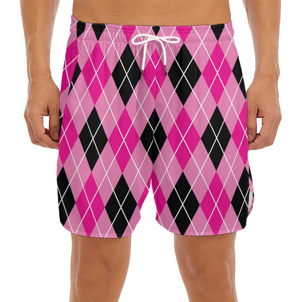 Black And Pink Argyle Pattern Print Men's Split Running Shorts