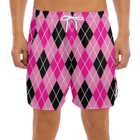 Black And Pink Argyle Pattern Print Men's Split Running Shorts