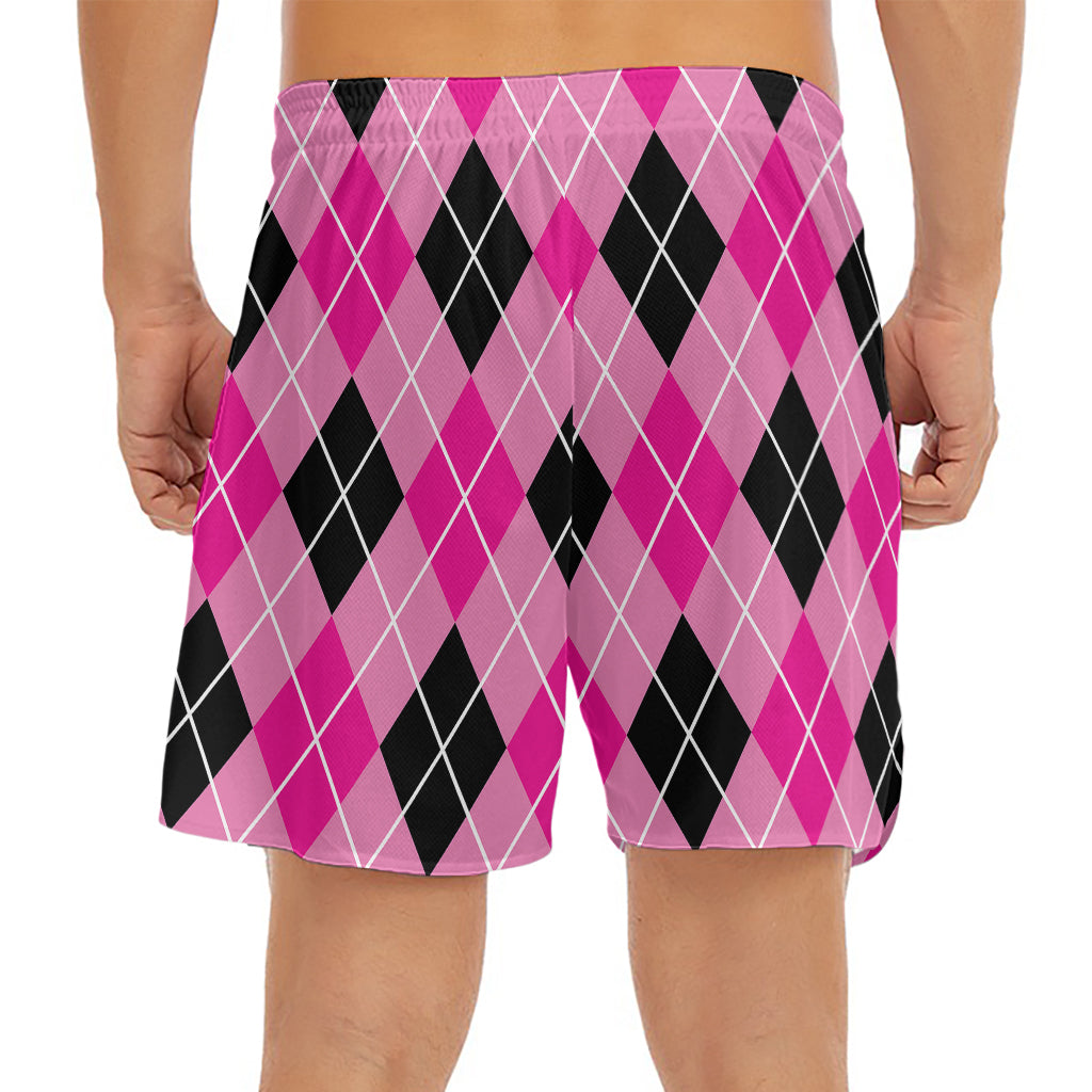 Black And Pink Argyle Pattern Print Men's Split Running Shorts