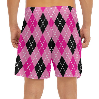 Black And Pink Argyle Pattern Print Men's Split Running Shorts