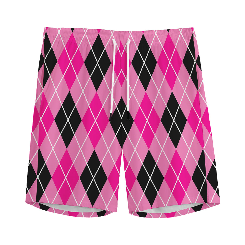 Black And Pink Argyle Pattern Print Men's Sports Shorts