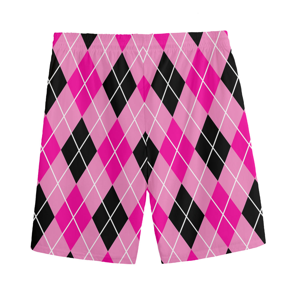 Black And Pink Argyle Pattern Print Men's Sports Shorts