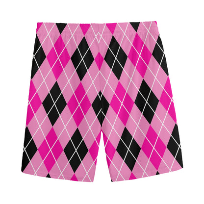 Black And Pink Argyle Pattern Print Men's Sports Shorts