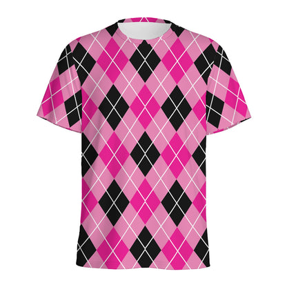 Black And Pink Argyle Pattern Print Men's Sports T-Shirt