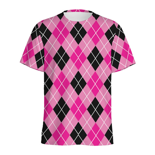 Black And Pink Argyle Pattern Print Men's Sports T-Shirt