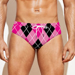 Black And Pink Argyle Pattern Print Men's Swim Briefs