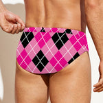 Black And Pink Argyle Pattern Print Men's Swim Briefs
