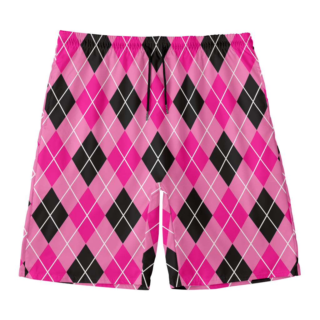 Black And Pink Argyle Pattern Print Men's Swim Trunks