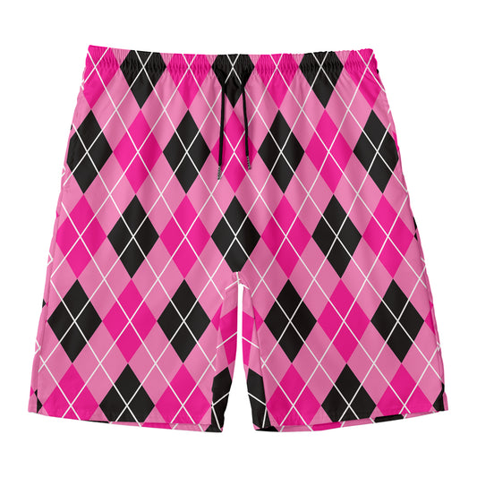 Black And Pink Argyle Pattern Print Men's Swim Trunks