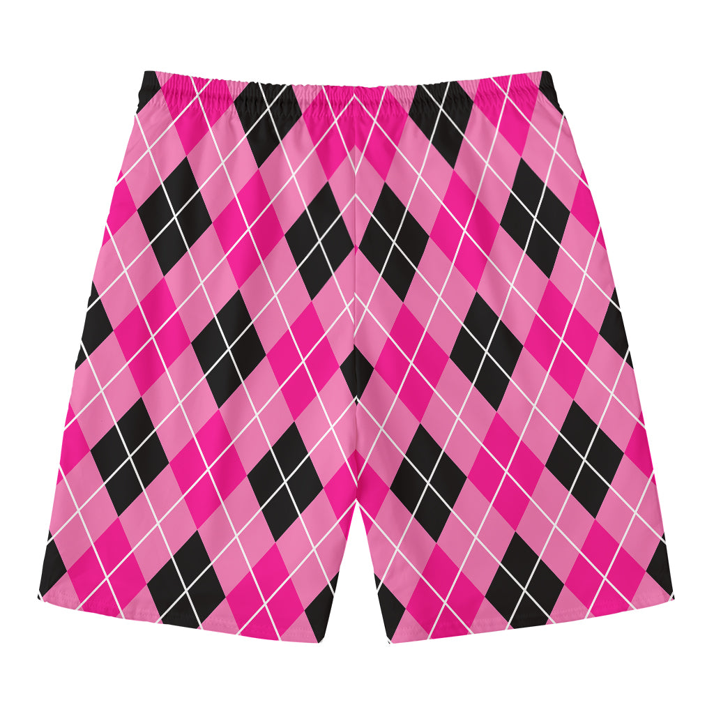 Black And Pink Argyle Pattern Print Men's Swim Trunks