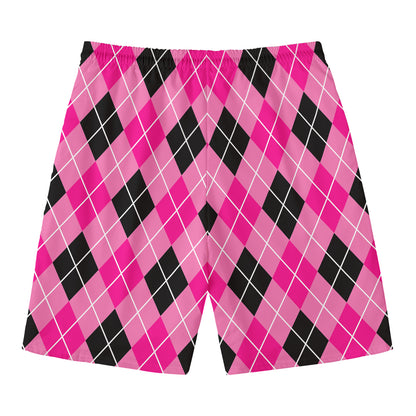 Black And Pink Argyle Pattern Print Men's Swim Trunks