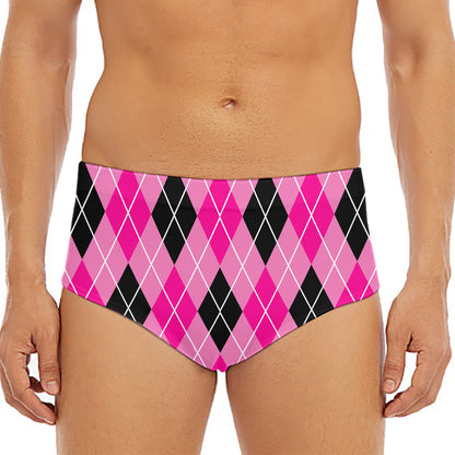 Black And Pink Argyle Pattern Print Men's Triangle Swim Briefs