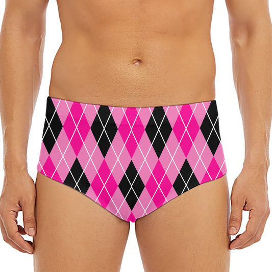 Black And Pink Argyle Pattern Print Men's Triangle Swim Briefs