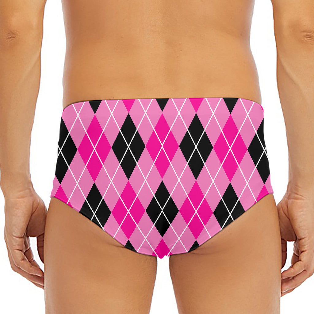 Black And Pink Argyle Pattern Print Men's Triangle Swim Briefs