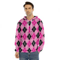 Black And Pink Argyle Pattern Print Men's Velvet Pullover Hoodie