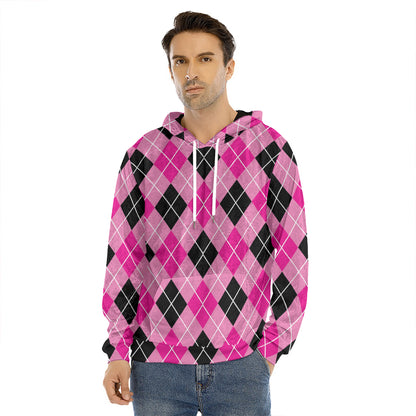 Black And Pink Argyle Pattern Print Men's Velvet Pullover Hoodie
