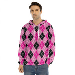 Black And Pink Argyle Pattern Print Men's Velvet Pullover Hoodie