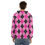 Black And Pink Argyle Pattern Print Men's Velvet Pullover Hoodie