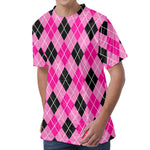 Black And Pink Argyle Pattern Print Men's Velvet T-Shirt